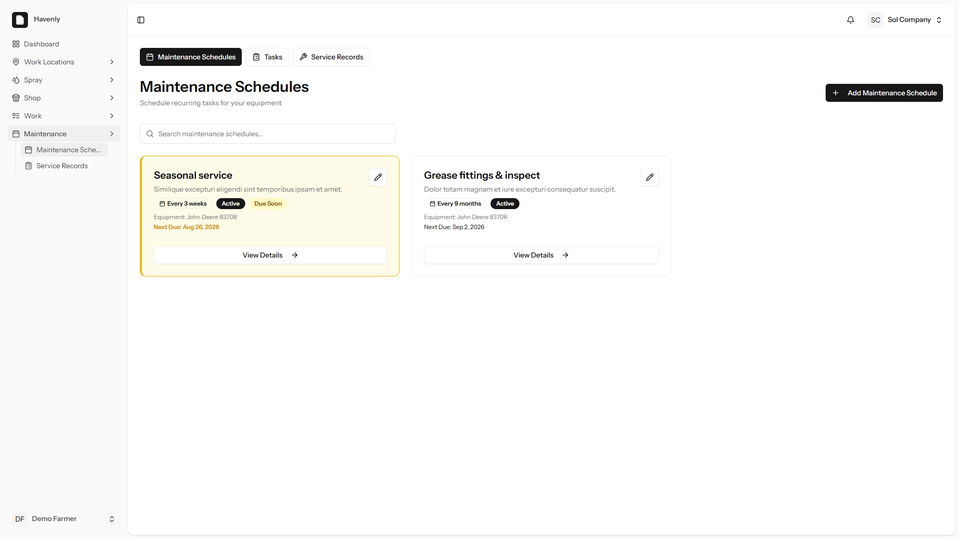 Havenly maintenance schedules screenshot