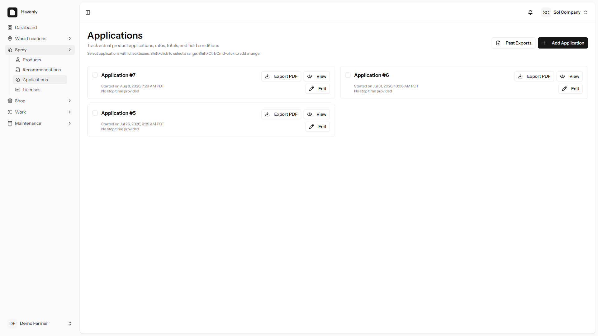Havenly spray applications screenshot