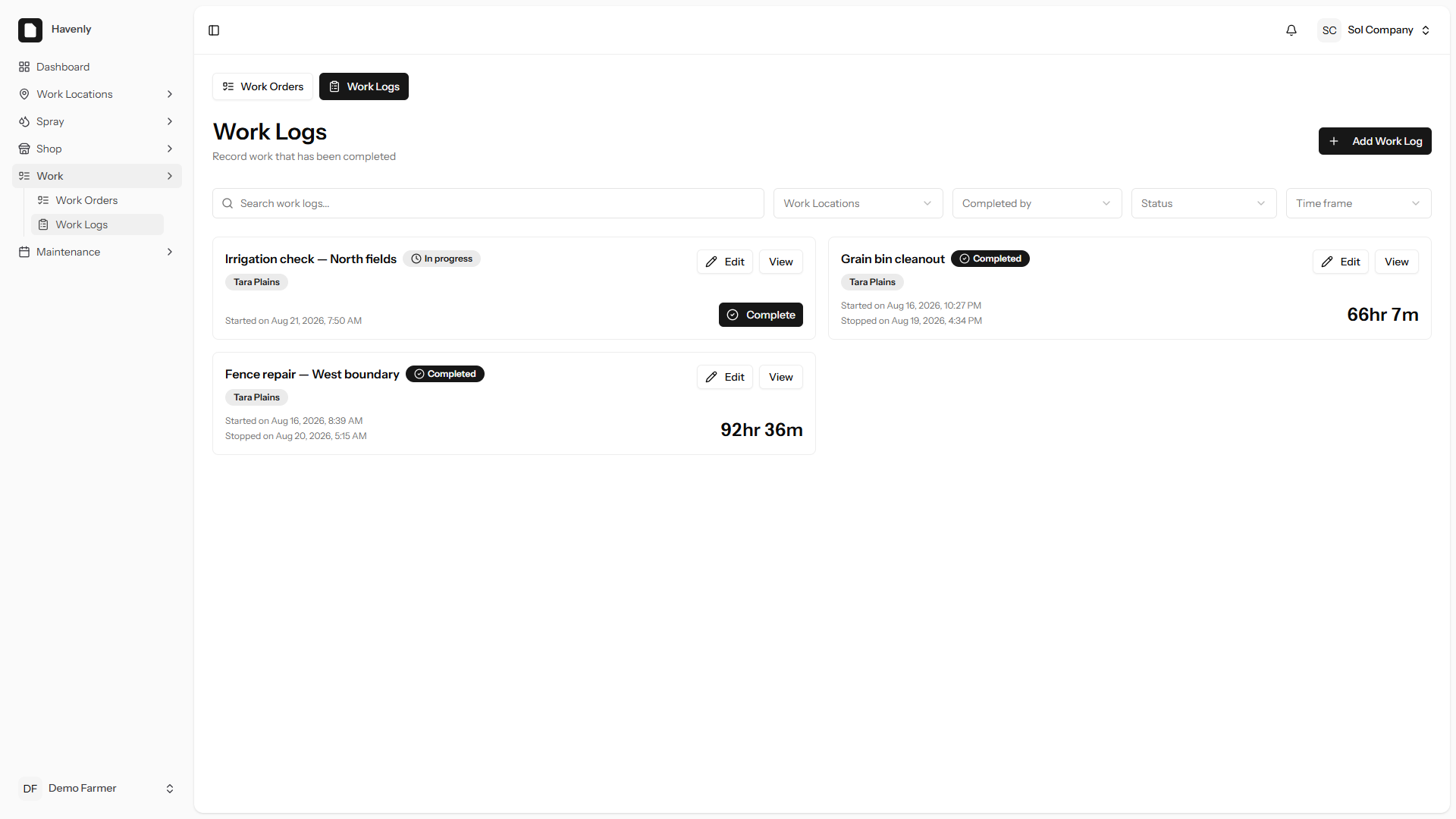 Havenly work logs screenshot